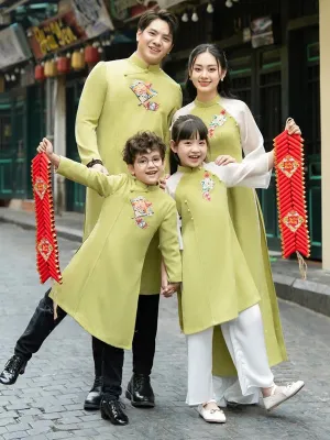 Family Ao Dai  Green Pearls Ao Dai Women Girl Ao Dai Top Pants Men Boy Ao Dai Top