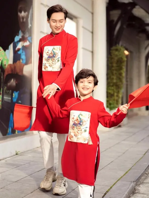 Family Ao Dai  Men And Boy Red Lan Ao Dai Top Only