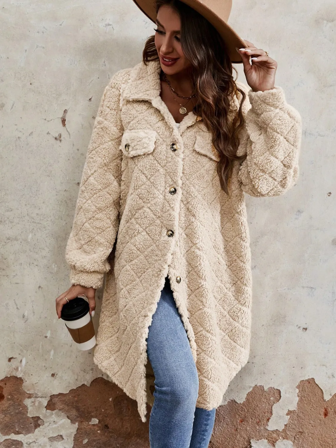 Fuzzy Button Up  Long Sleeve Coat