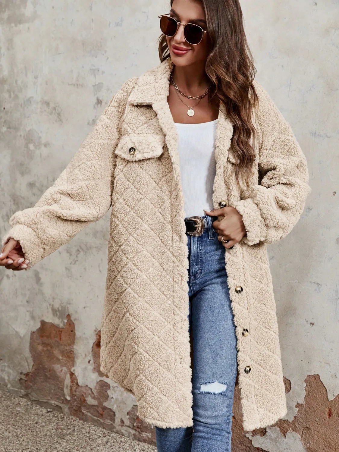 Fuzzy Button Up  Long Sleeve Coat