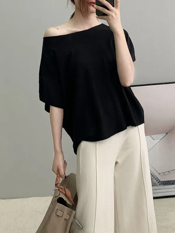 Half Sleeves Loose Solid Color Off-The-Shoulder Knitwear Pullovers Sweater Tops