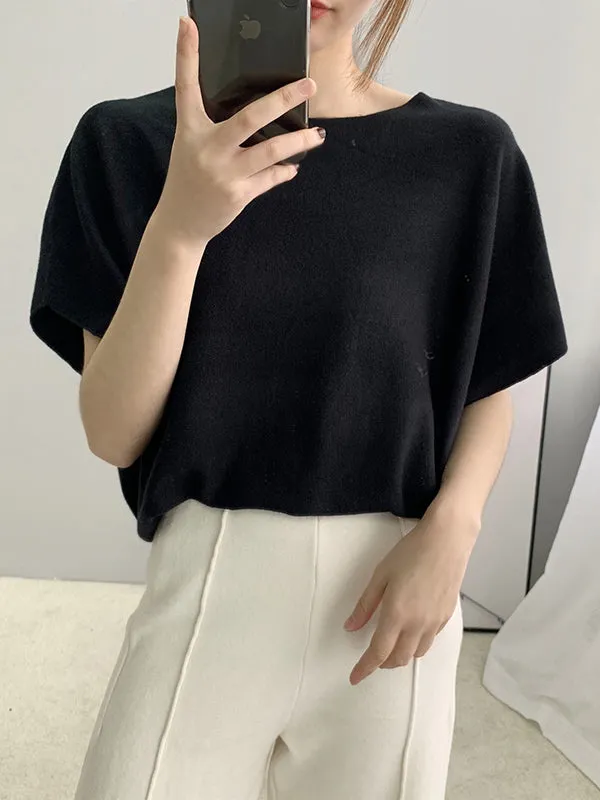 Half Sleeves Loose Solid Color Off-The-Shoulder Knitwear Pullovers Sweater Tops