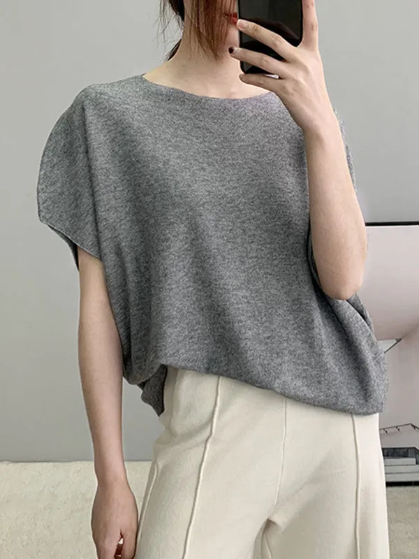 Half Sleeves Loose Solid Color Off-The-Shoulder Knitwear Pullovers Sweater Tops