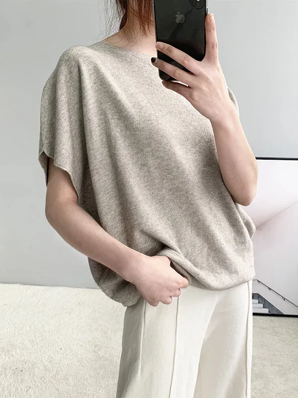 Half Sleeves Loose Solid Color Off-The-Shoulder Knitwear Pullovers Sweater Tops