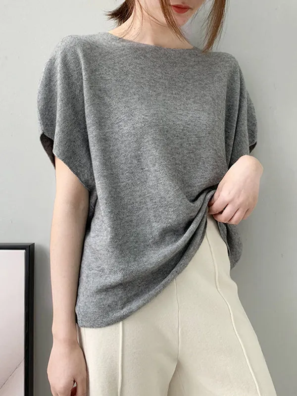 Half Sleeves Loose Solid Color Off-The-Shoulder Knitwear Pullovers Sweater Tops