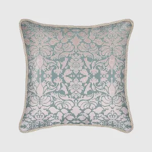 Hummingbird Damask Design in Pink and Sage Green Silk Cushion