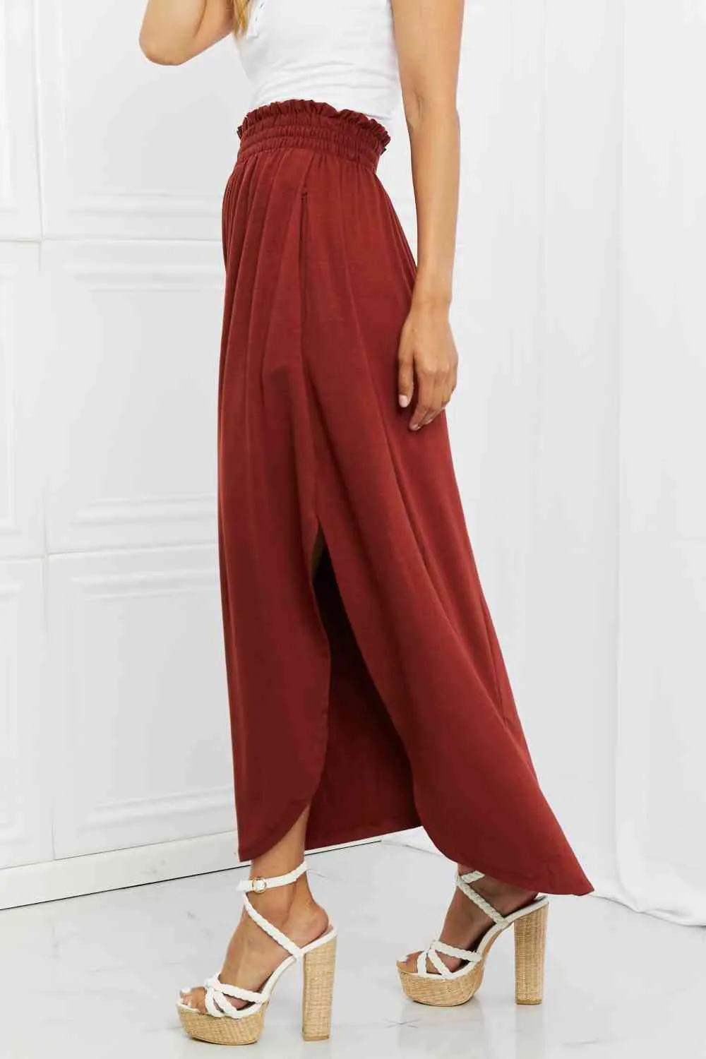 It's My Time Full Size Side Scoop Scrunch Skirt in Dark Rust