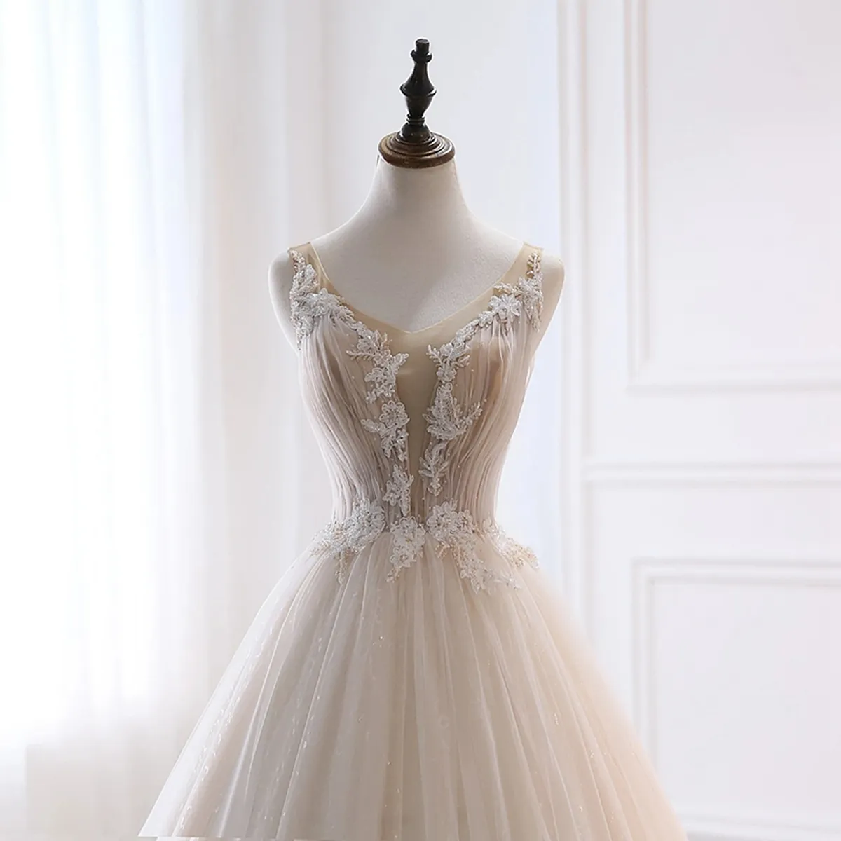 Ivory Tulle with Lace Long Wedding Party Dress with Sweep Train, Ivory Formal Dress