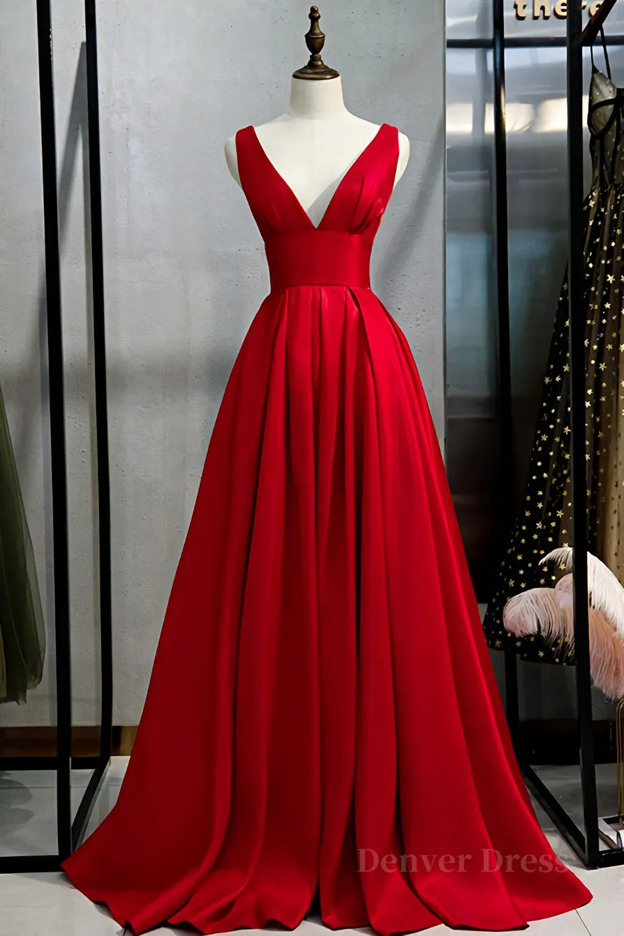 kamahe Red v neck satin long prom dress simple red evening dress