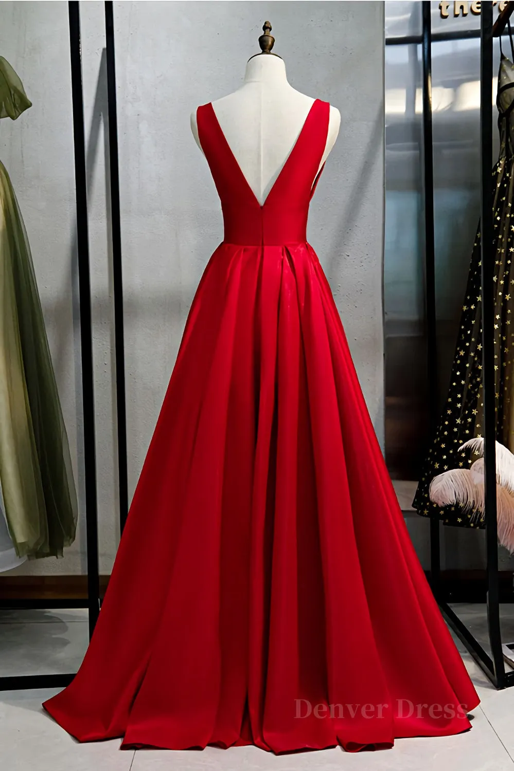 kamahe Red v neck satin long prom dress simple red evening dress