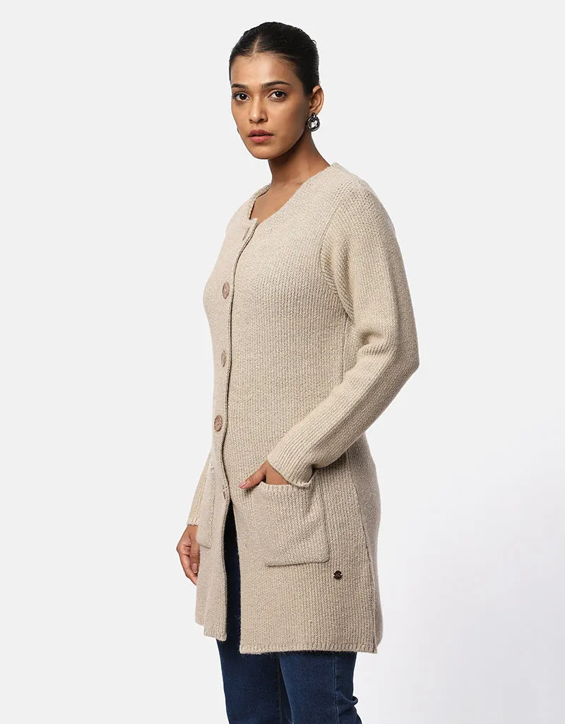 Knitted Round Neck Long Coat With Front Pockets