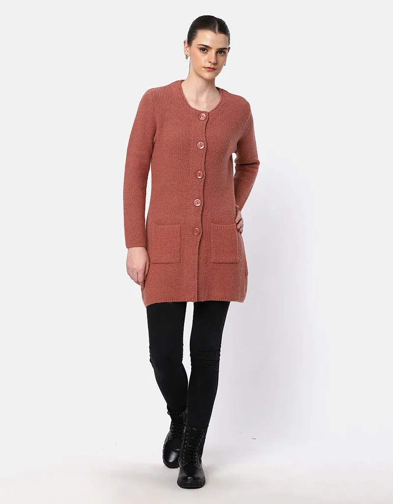 Knitted Round Neck Long Coat With Front Pockets