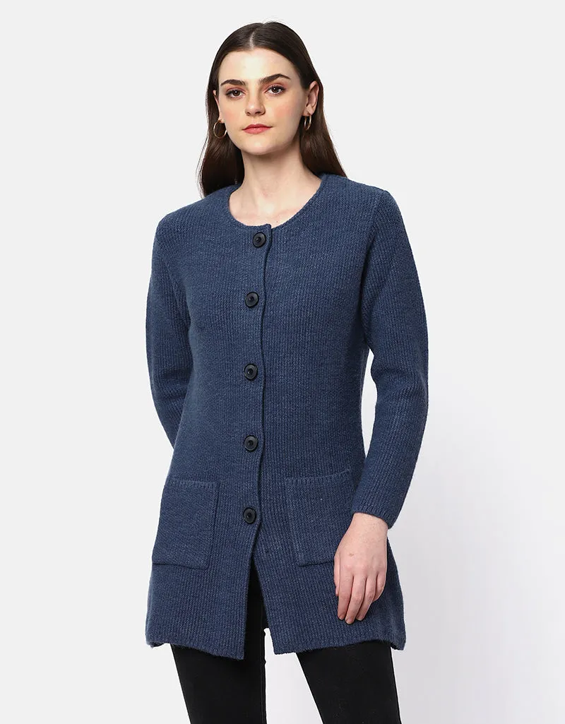 Knitted Round Neck Long Coat With Front Pockets