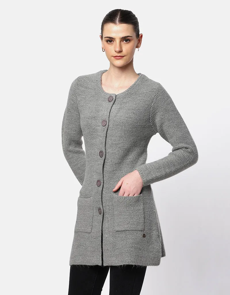 Knitted Round Neck Long Coat With Front Pockets