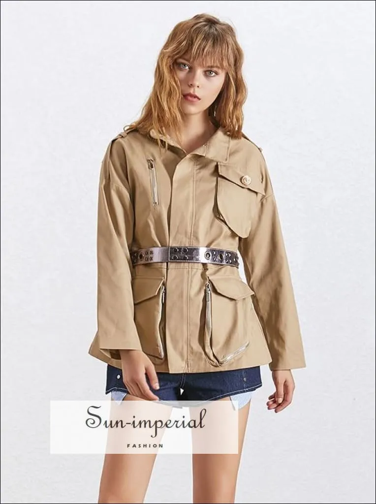 Lauren Coat - Women Military Jacket Coat Long Sleeve Zipper front Pockets Coat