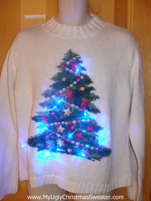 Light Up Ugly Xmas Sweater Pullover with Huge Green Festive Tree