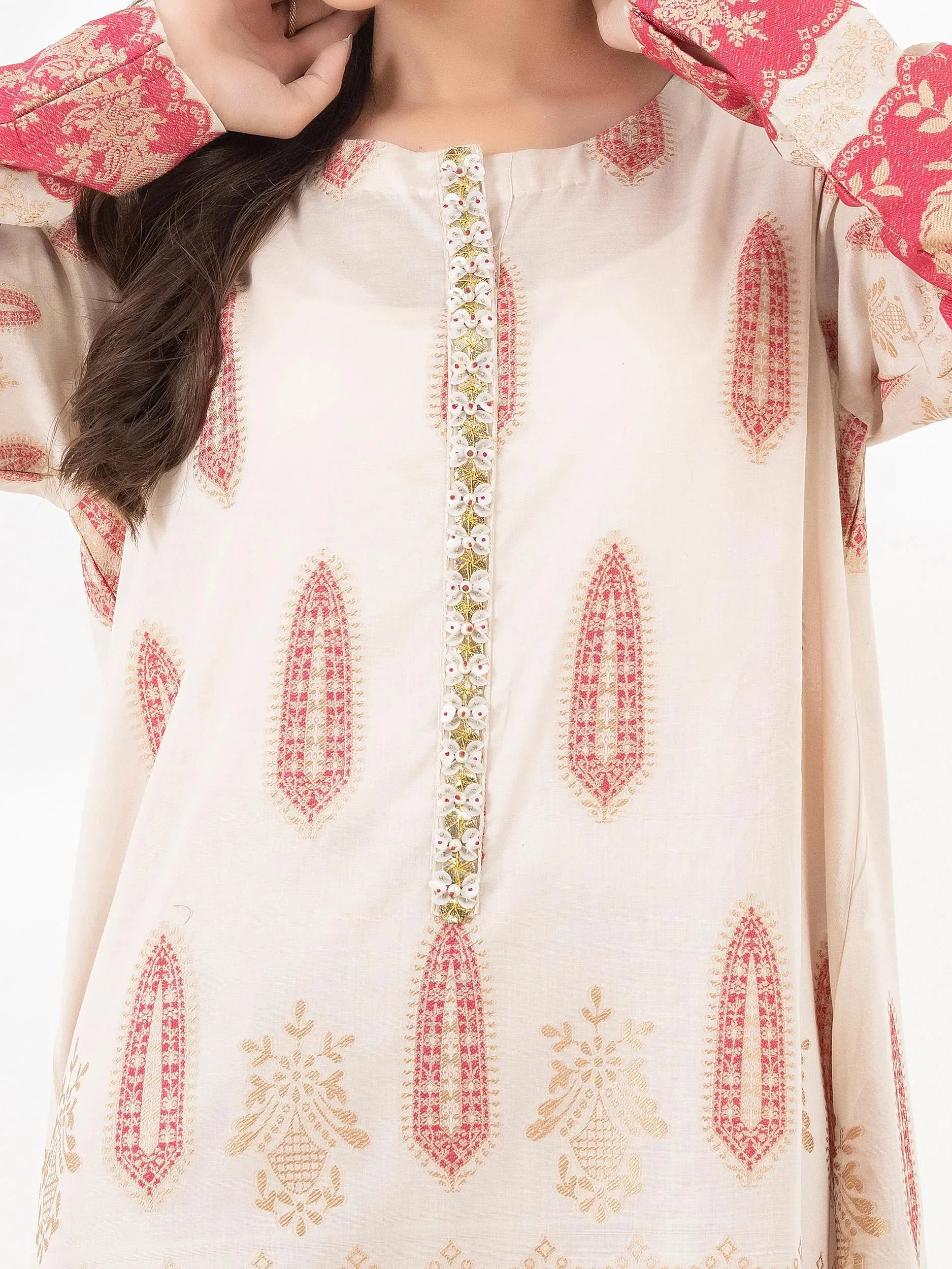 Limelight Off-White & Pink Jacquard Embellished Shirt (P9850SH)