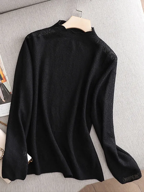 Long Sleeves Hollow Jacquard Solid Color Knitwear T-Shirts Tops