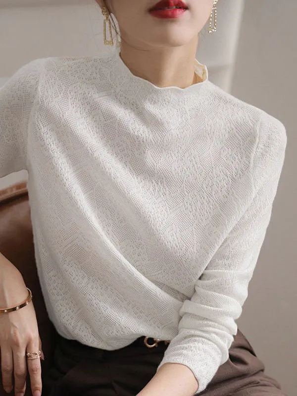 Long Sleeves Hollow Jacquard Solid Color Knitwear T-Shirts Tops