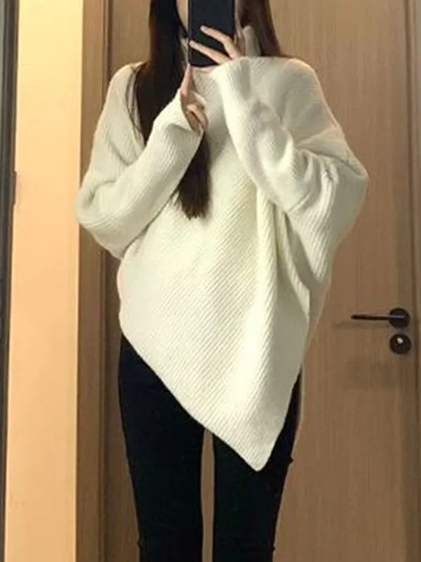 Long Sleeves Loose Asymmetric Solid Color Velvet High Neck Knitwear Pullovers Sweater Tops