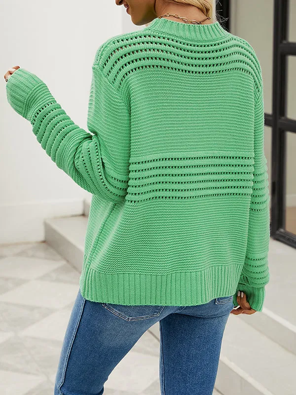 Long Sleeves Loose Hollow Solid Color Round-Neck Knitwear Pullovers Sweater Tops