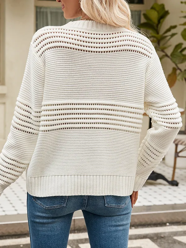 Long Sleeves Loose Hollow Solid Color Round-Neck Knitwear Pullovers Sweater Tops