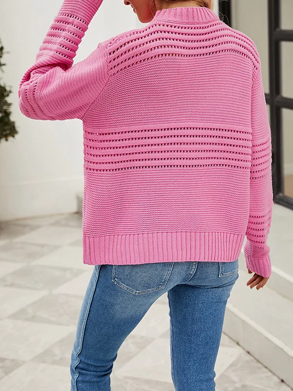 Long Sleeves Loose Hollow Solid Color Round-Neck Knitwear Pullovers Sweater Tops