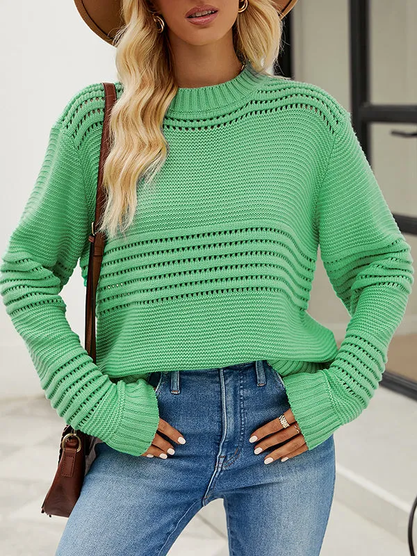 Long Sleeves Loose Hollow Solid Color Round-Neck Knitwear Pullovers Sweater Tops