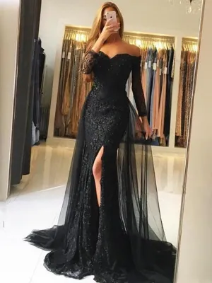 Long Sleeves Mermaid Black/Gray Lace Long Prom with Side Slit, Mermaid Lace Black/Gray Formal, Evening