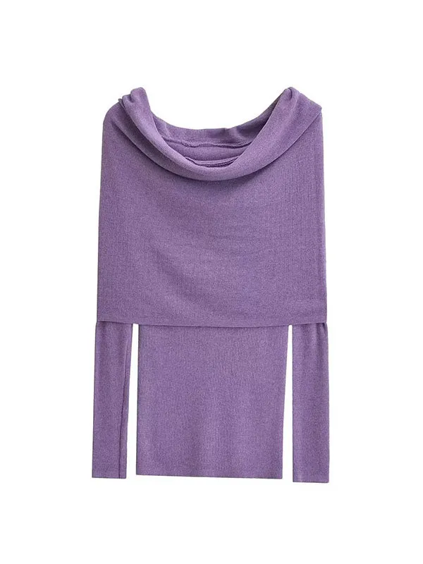 Long Sleeves Skinny Pleated Solid Color Split-Joint Off-the-shoulder Knitwear Pullovers