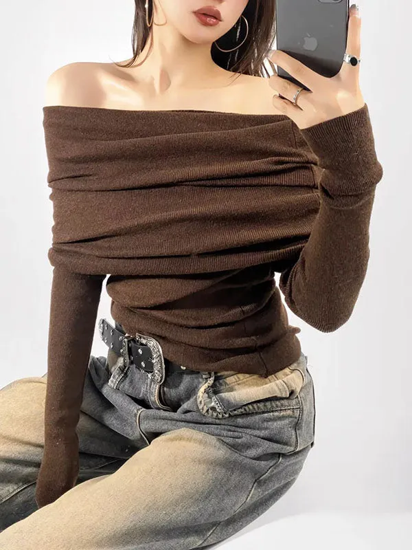 Long Sleeves Skinny Pleated Solid Color Split-Joint Off-the-shoulder Knitwear Pullovers