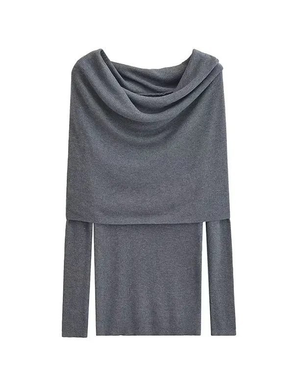 Long Sleeves Skinny Pleated Solid Color Split-Joint Off-the-shoulder Knitwear Pullovers