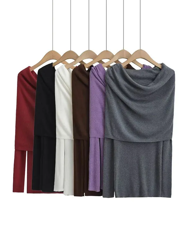 Long Sleeves Skinny Pleated Solid Color Split-Joint Off-the-shoulder Knitwear Pullovers