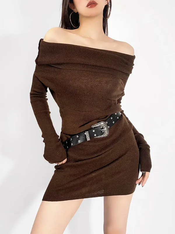 Long Sleeves Skinny Pleated Solid Color Split-Joint Off-the-shoulder Knitwear Pullovers