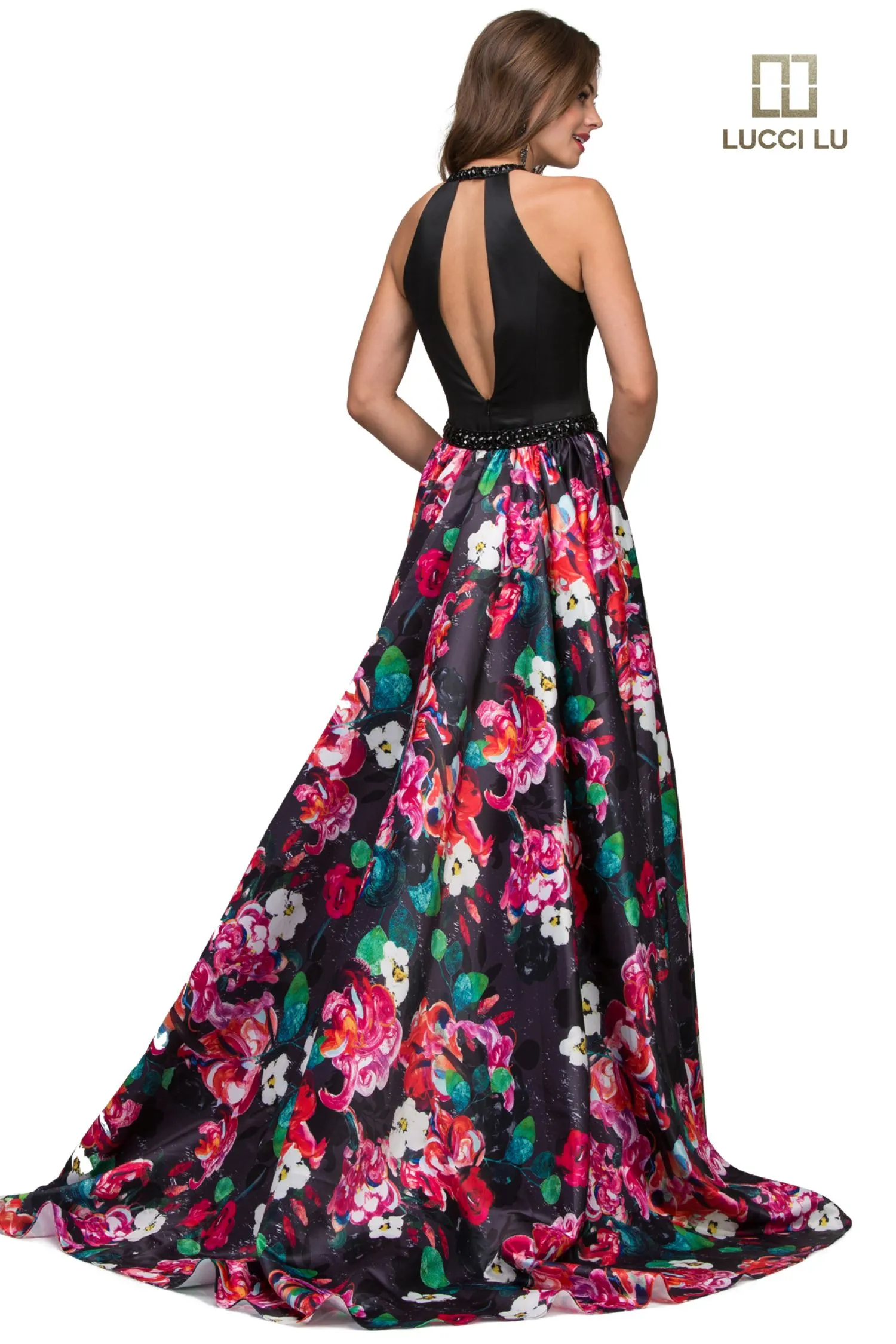 Lucci Lu 8250 Black Satin Column Dress with Floral Print Detachable Skirt