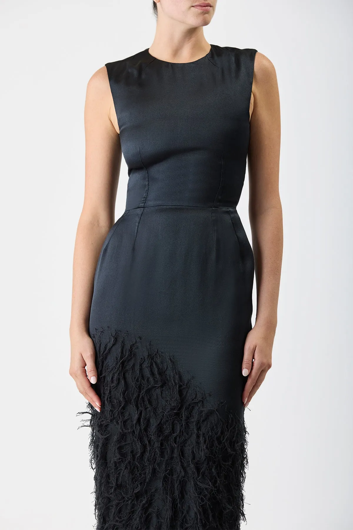 Maslow Feather Maxi Dress in Black Silk Satin