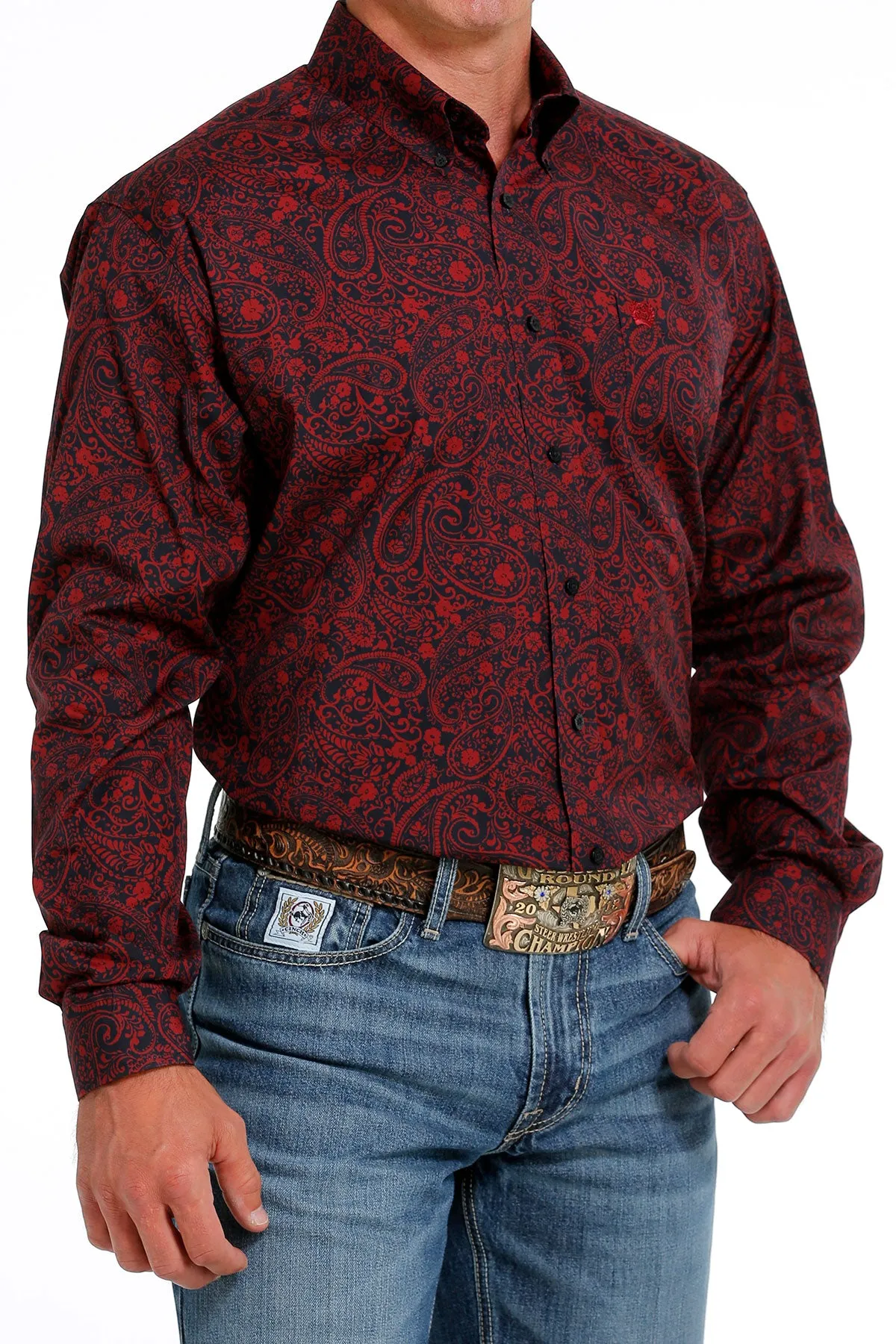 Men's Cinch Burgundy/Navy Paisley Long Sleeve Shirt - MTW1105626