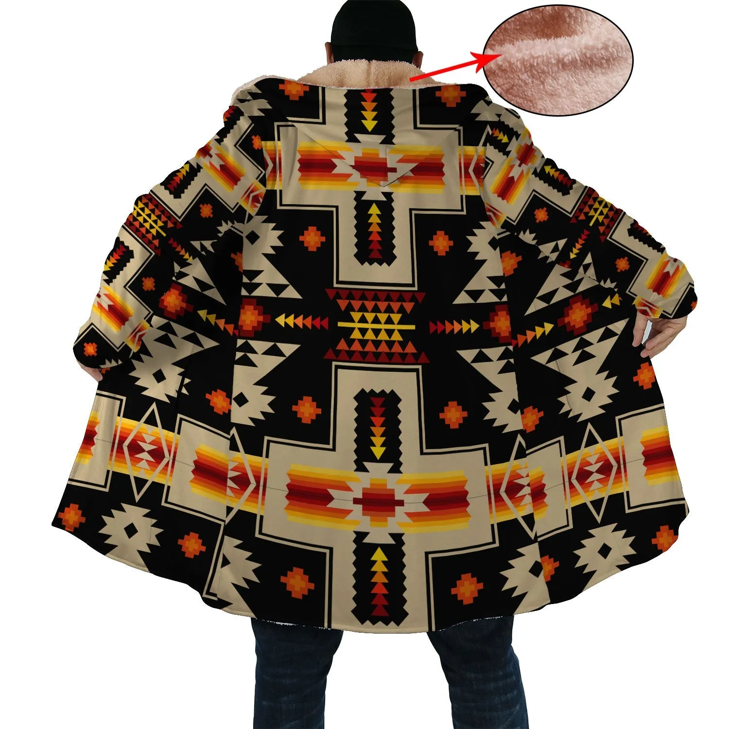 Native American Pattern Horn Button Long Fleece Windbreaker Best Selling WCS