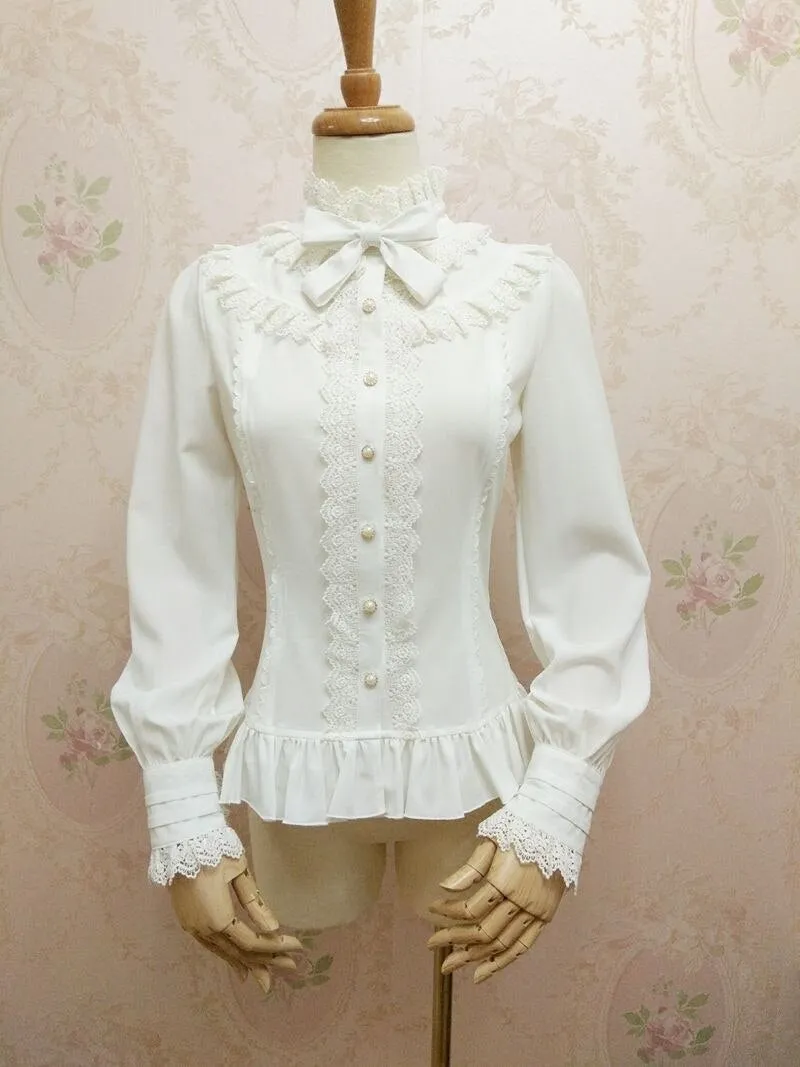 New White Women's Shirt Sweet Lantern Sleeve Lace Ruffled Blouse for Girl by Yiliya