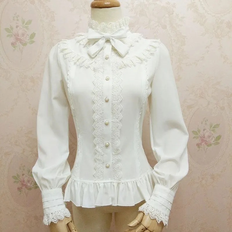 New White Women's Shirt Sweet Lantern Sleeve Lace Ruffled Blouse for Girl by Yiliya