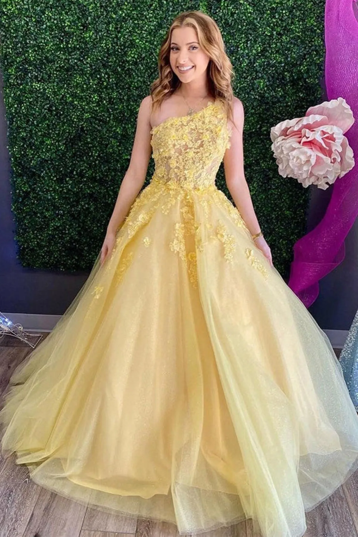 One Shoulder Yellow Lace Floral Long Prom Dress, Open Back Yellow Lace Formal Dress, Yellow Evening Dress A1474