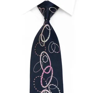 Park Land Rhinestone Silk Necktie Silver Pink Ovals On Blue With Sparkles