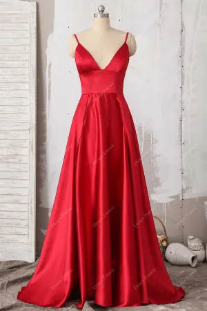 Red Satin Spaghetti Straps Simple V-neck Floor Length Prom Dress