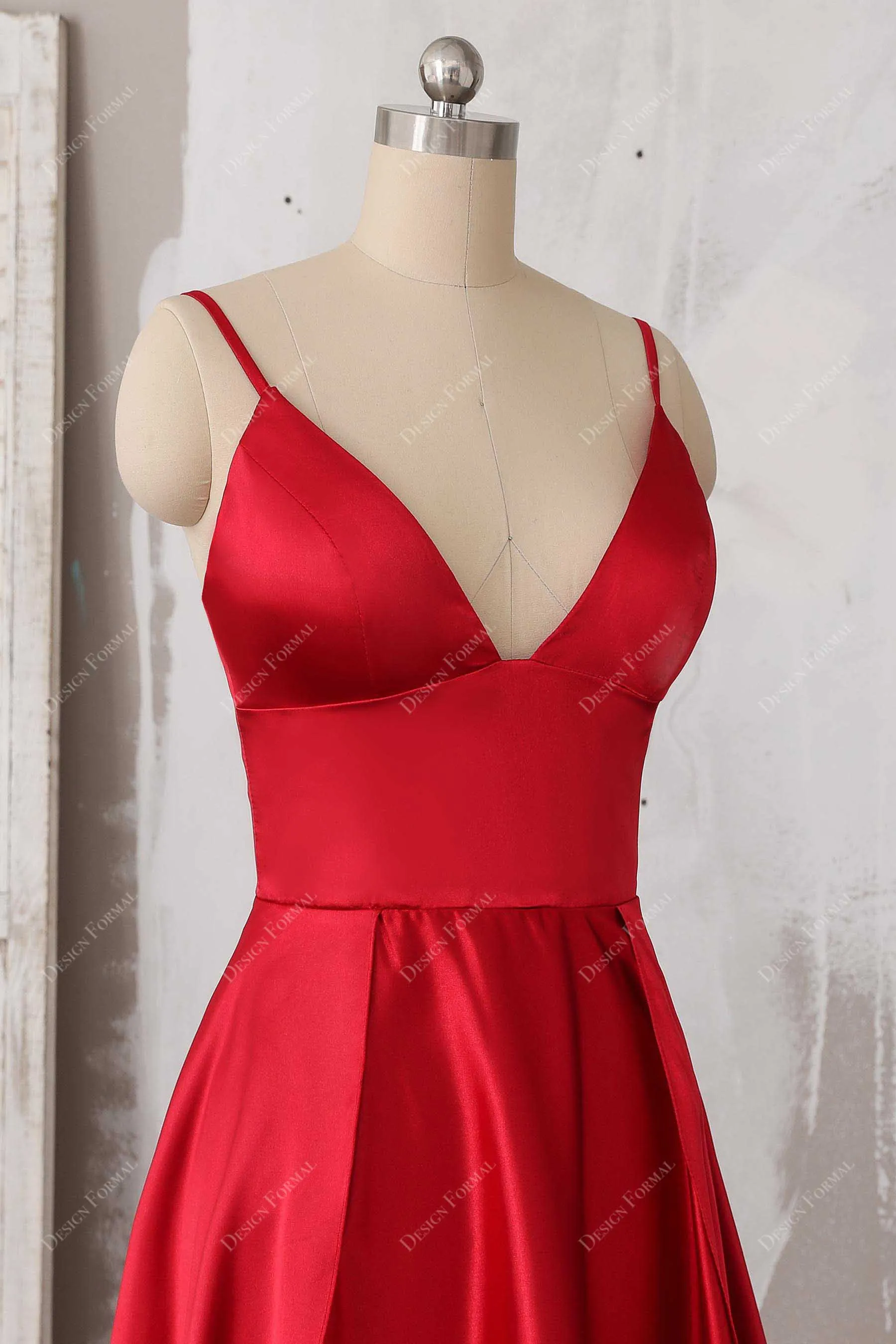 Red Satin Spaghetti Straps Simple V-neck Floor Length Prom Dress