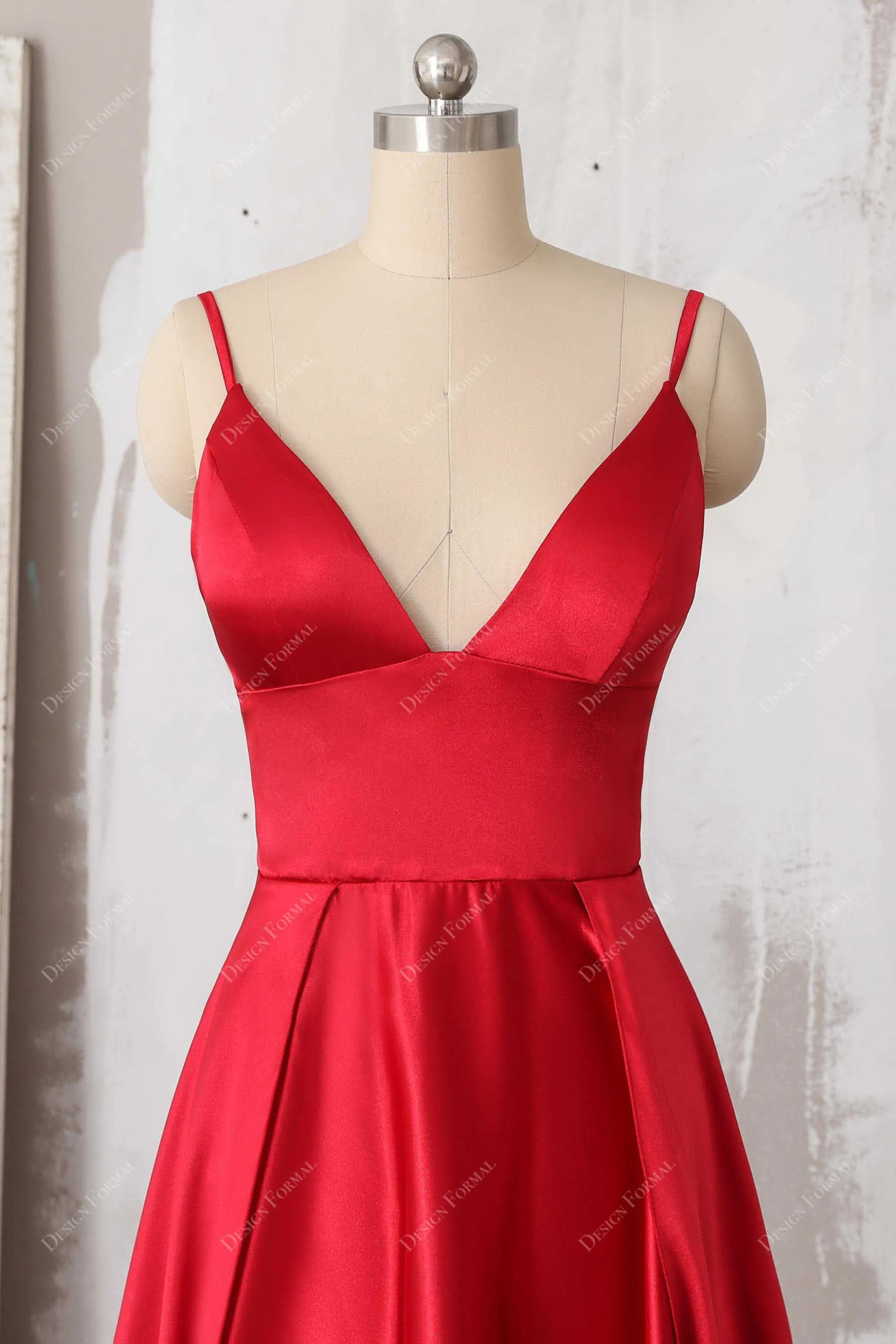 Red Satin Spaghetti Straps Simple V-neck Floor Length Prom Dress