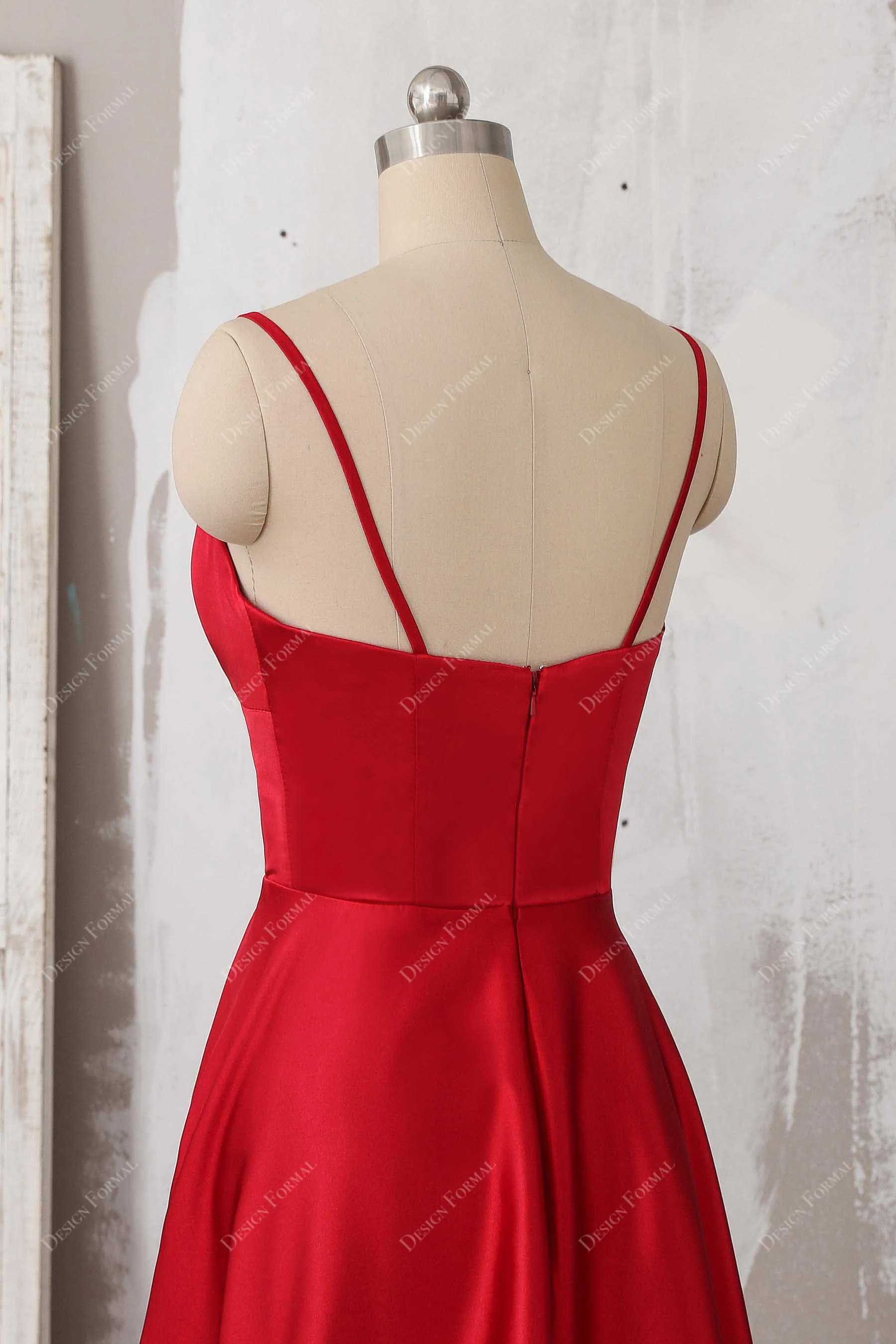 Red Satin Spaghetti Straps Simple V-neck Floor Length Prom Dress