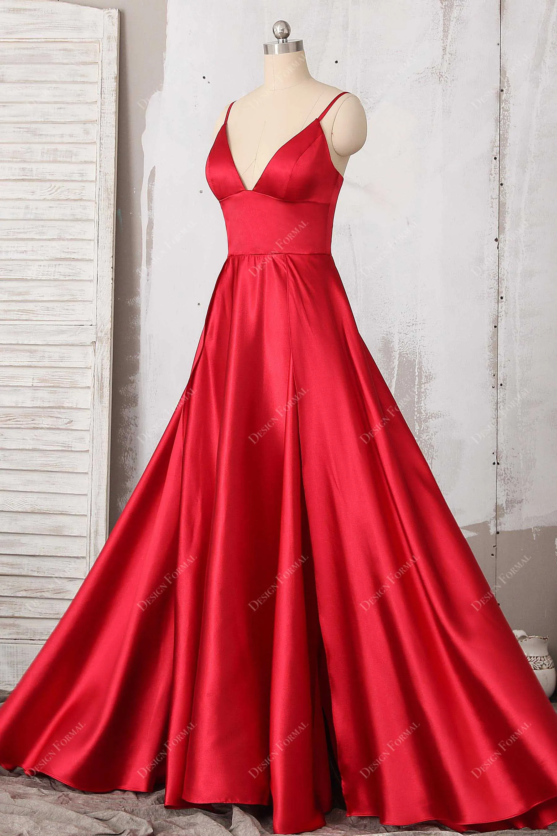 Red Satin Spaghetti Straps Simple V-neck Floor Length Prom Dress