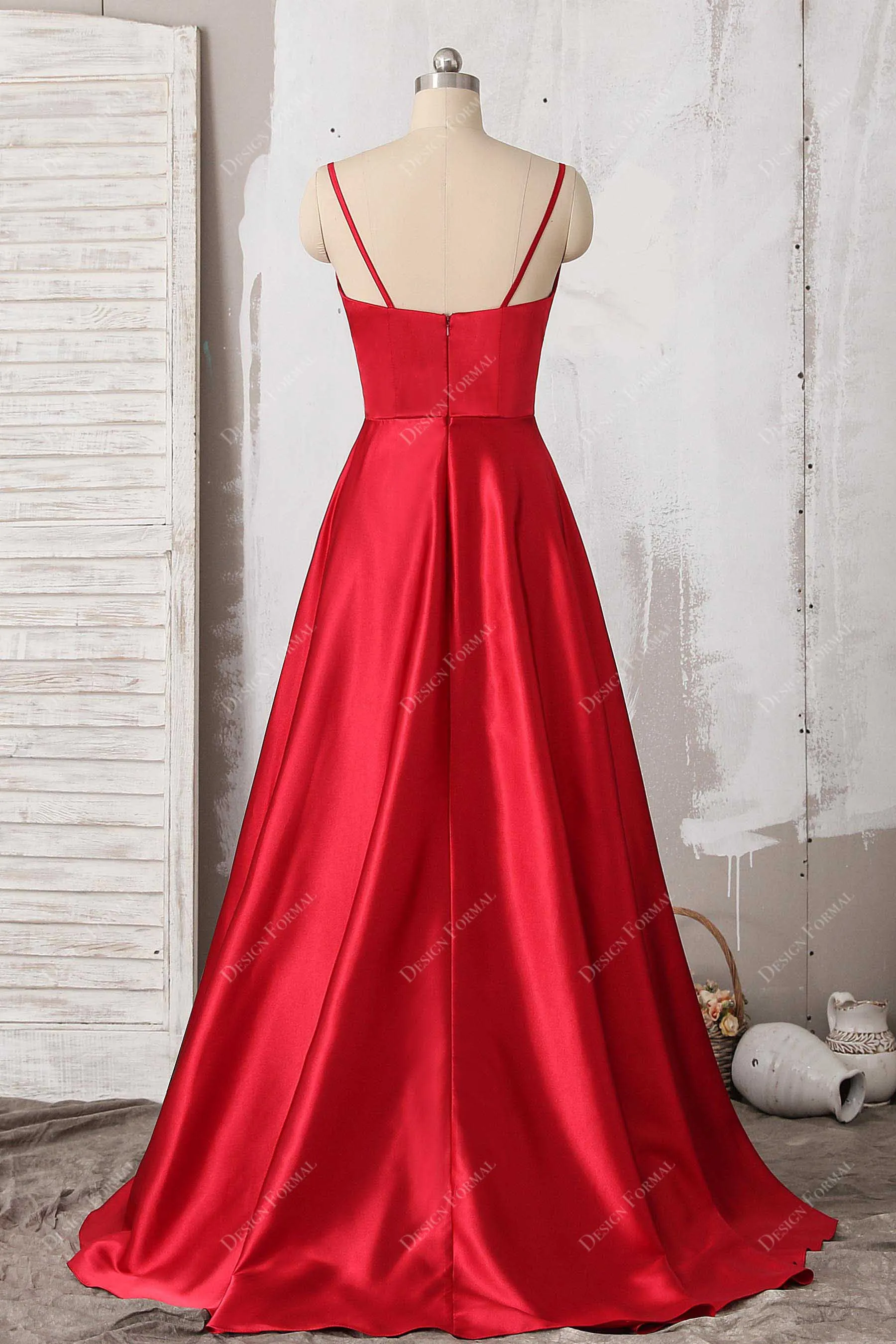 Red Satin Spaghetti Straps Simple V-neck Floor Length Prom Dress