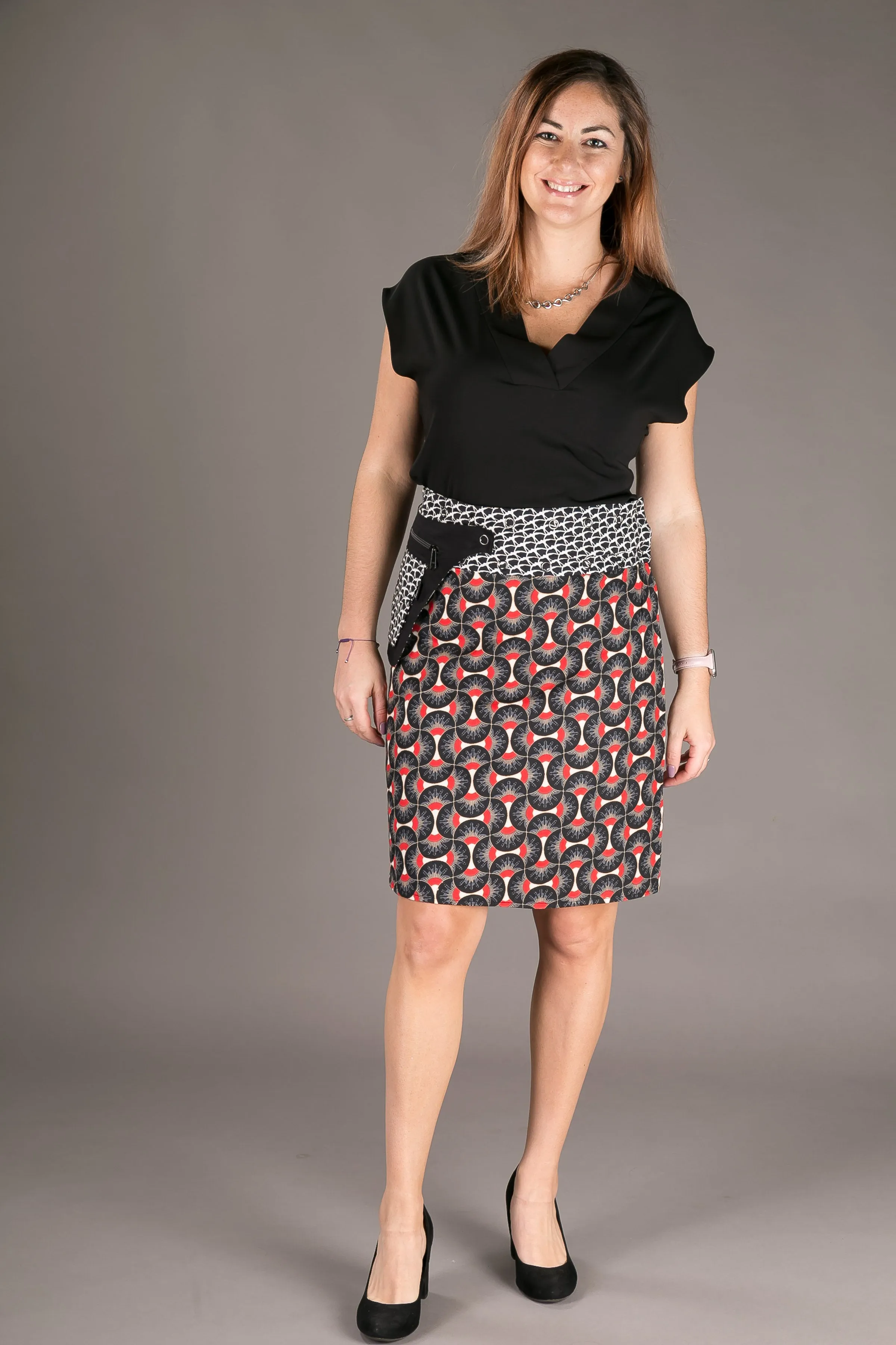 Reversible Cotton Skirt Black Patch Red Print with Pocket