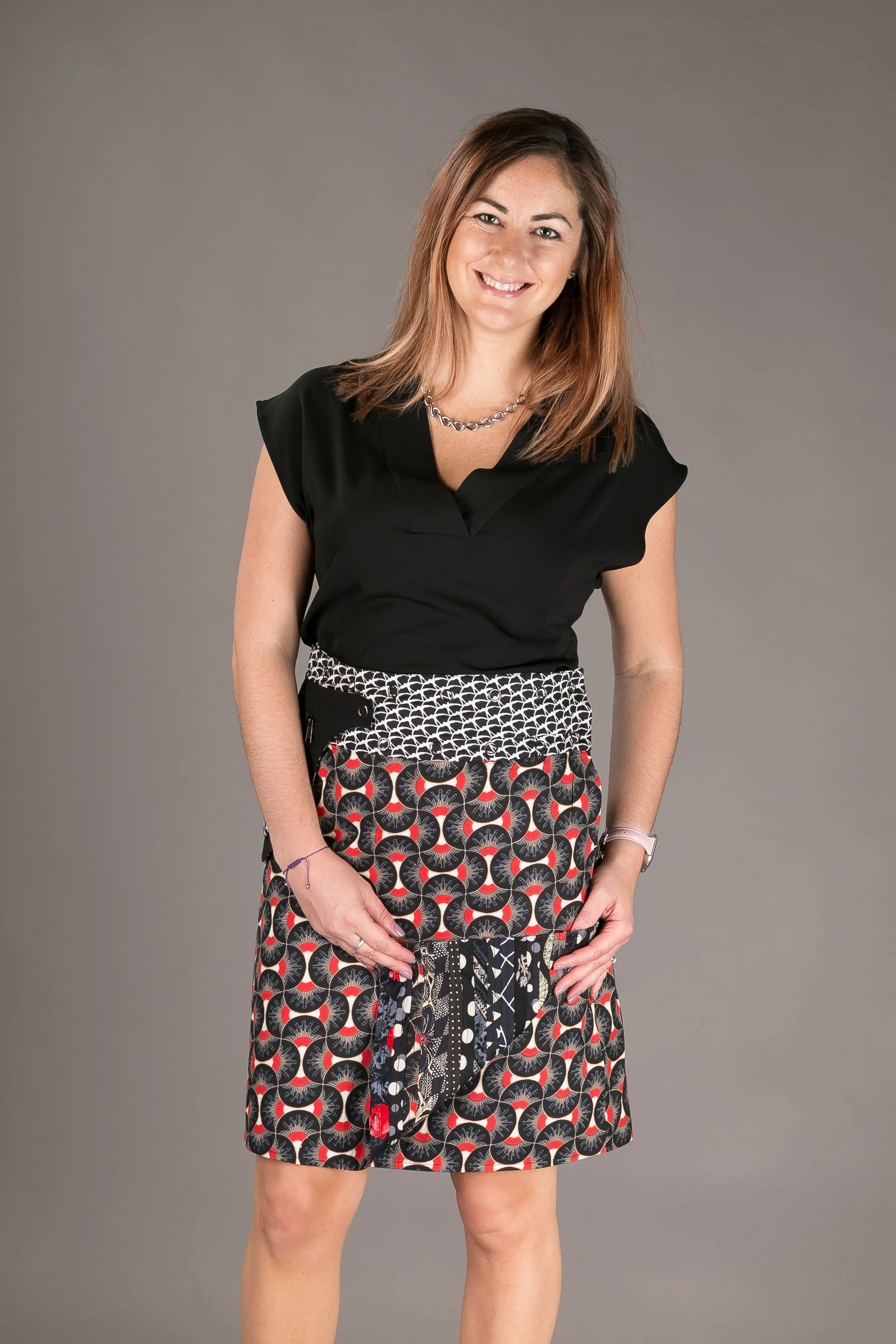 Reversible Cotton Skirt Black Patch Red Print with Pocket